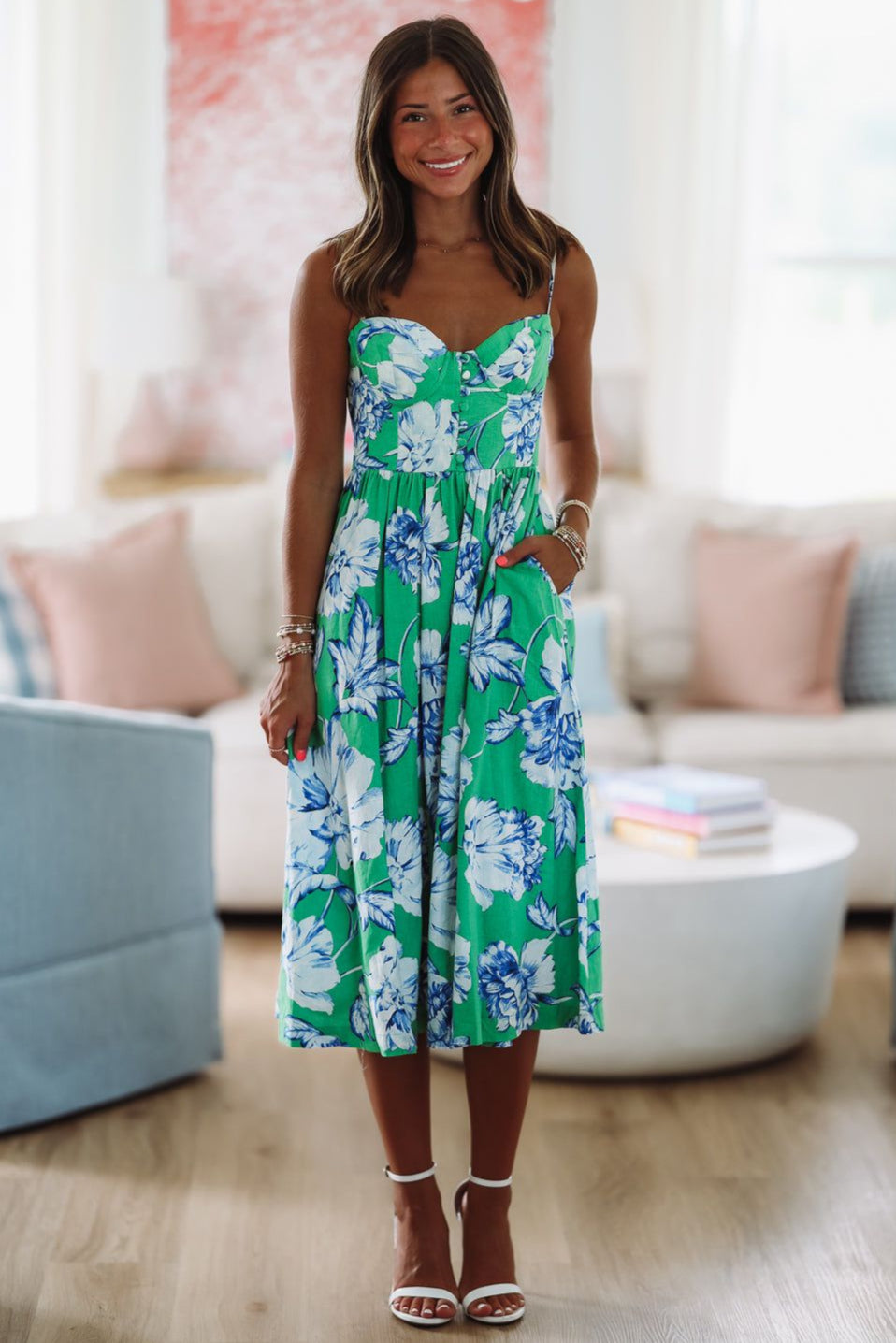 Gonna Find Ya Midi Dress - Green, White and Blue Hazel & Olive Gonna Find Ya Midi Dress - Green, White and Blue Hazel & Olive