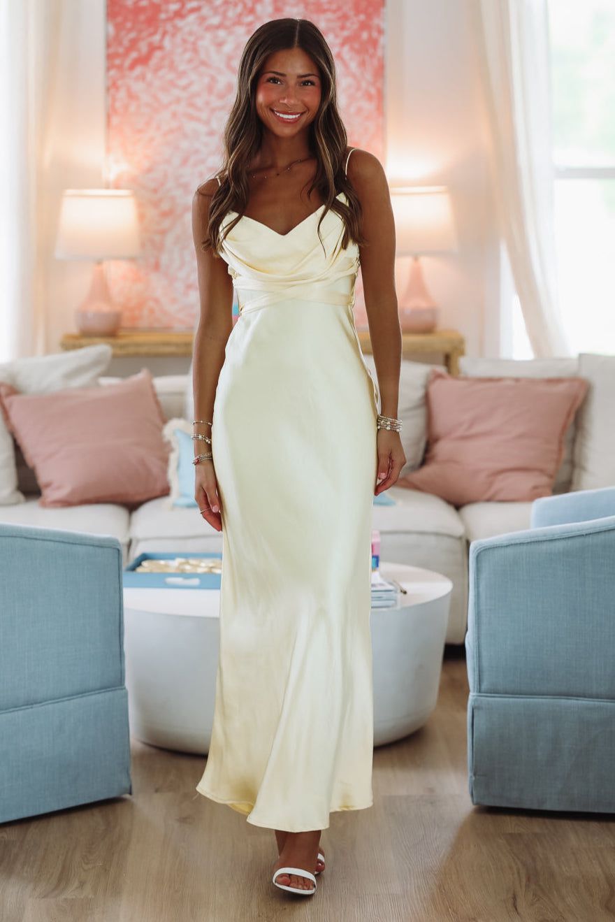 yellow maxi dress for wedding Andie Open Back Satin Maxi Dress Shop American Threads Women's Trendy Online Boutique Blue / M