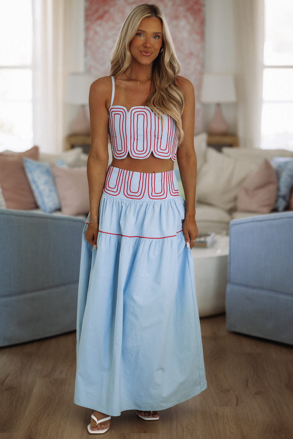 Marina Muse Crop Top and Maxi Skirt Set - Light Blue and Red  Hazel & Olive
