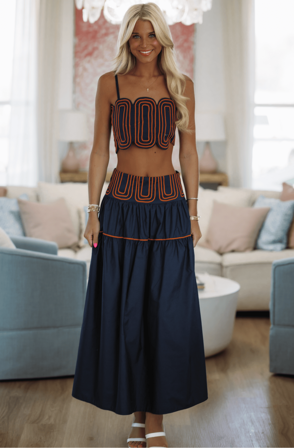 Marina Muse Crop Top and Maxi Skirt Set - Navy and Orange – Hazel