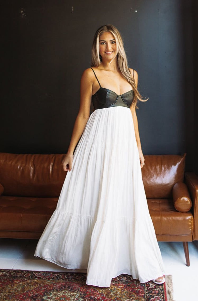 Caviar Dreams Maxi Dress - Ivory and Vegan Black Leather, Small | Hazel and Olive | Boutique Fashion Caviar Dreams Maxi Dress - Ivory and Vegan Black Leather, Small | Hazel and Olive | Boutique Fashion