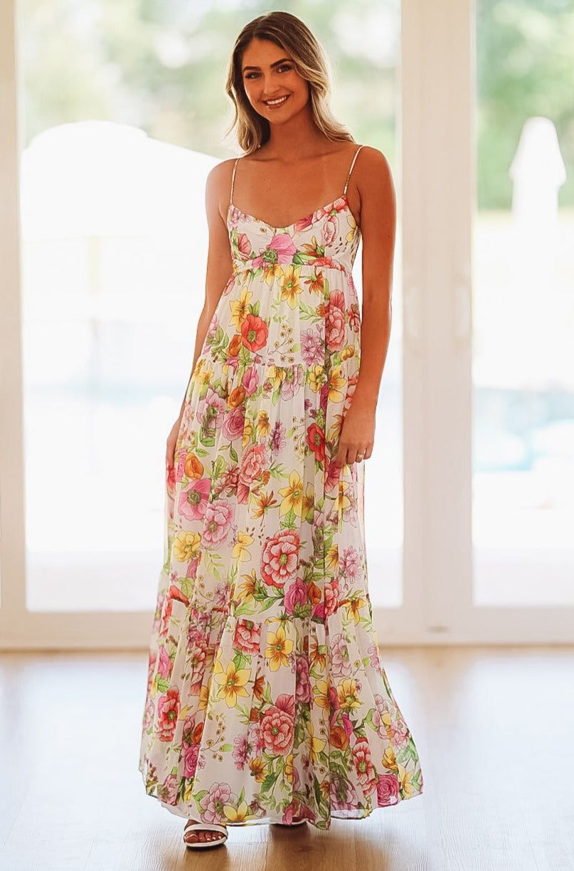 Caviar Dreams Print Maxi Dress - White, Purple, Yellow, Pink, Green - Small Caviar Dreams Print Maxi Dress - White, Purple, Yellow, Pink, Green - Small