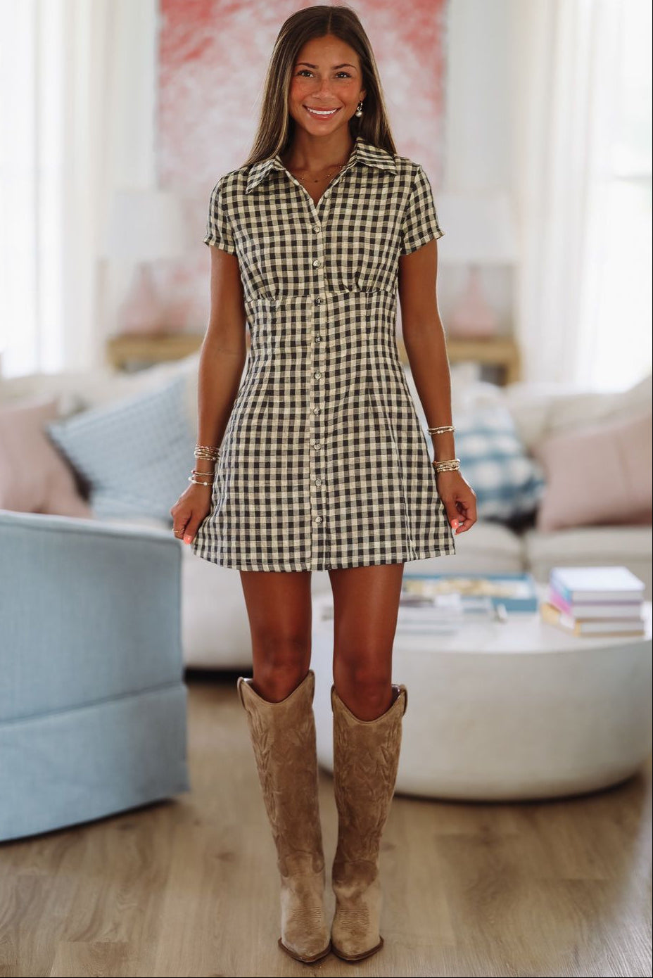 My Checker Era Mini Dress - Taupe and Black – Hazel & Olive