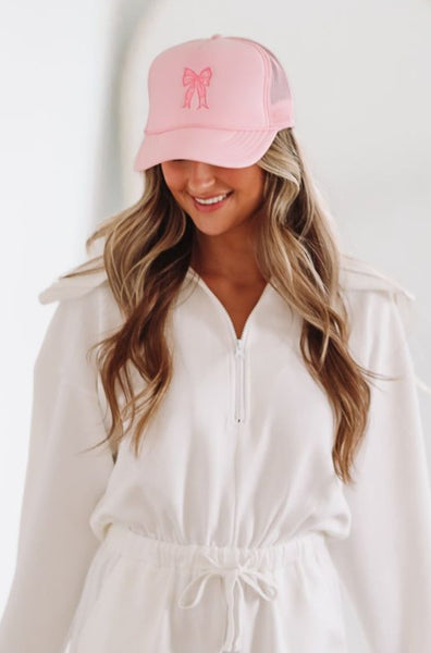 Embroidered Bow Trucker Hat - Pink