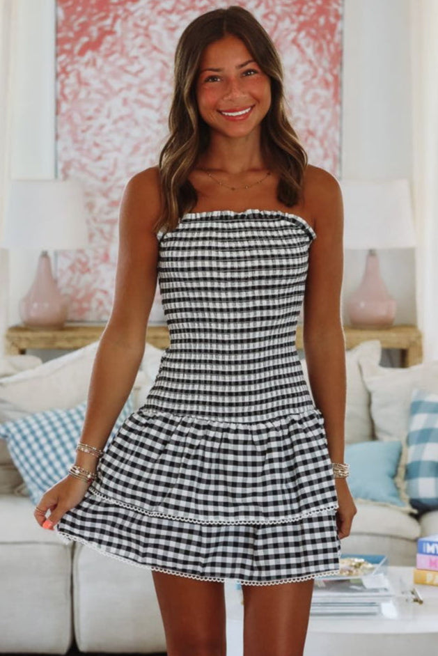 black and white check mini dress Check Monochrome Dress, Black White Checkerboard Halter Neck Dress,  Checkered A-line Sleeveless Dress, Sizes XS-2XL, Mod Squad
