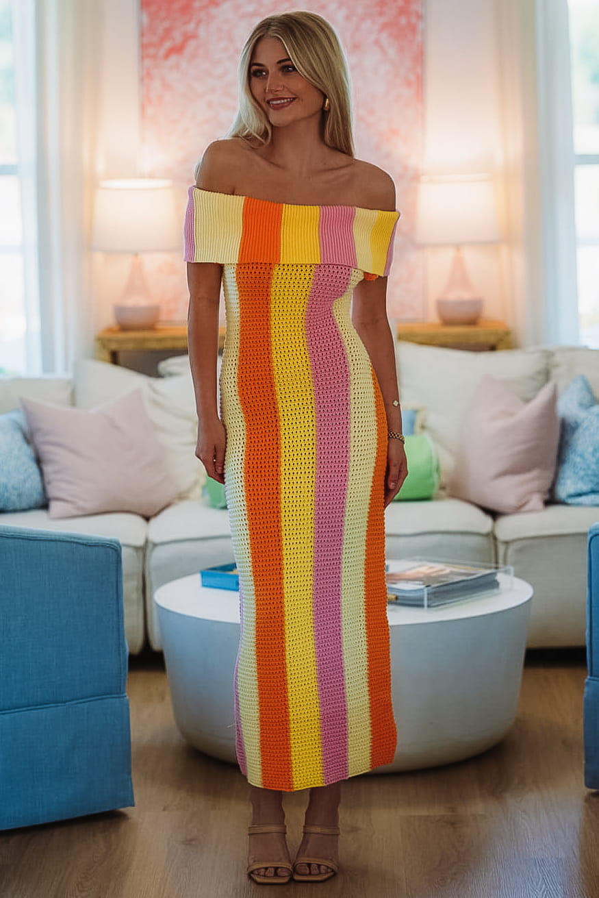 Citrus Sunrise Midi Dress - Yellow, Orange and Lavender - XS Citrus Sunrise Midi Dress - Yellow, Orange and Lavender - XS