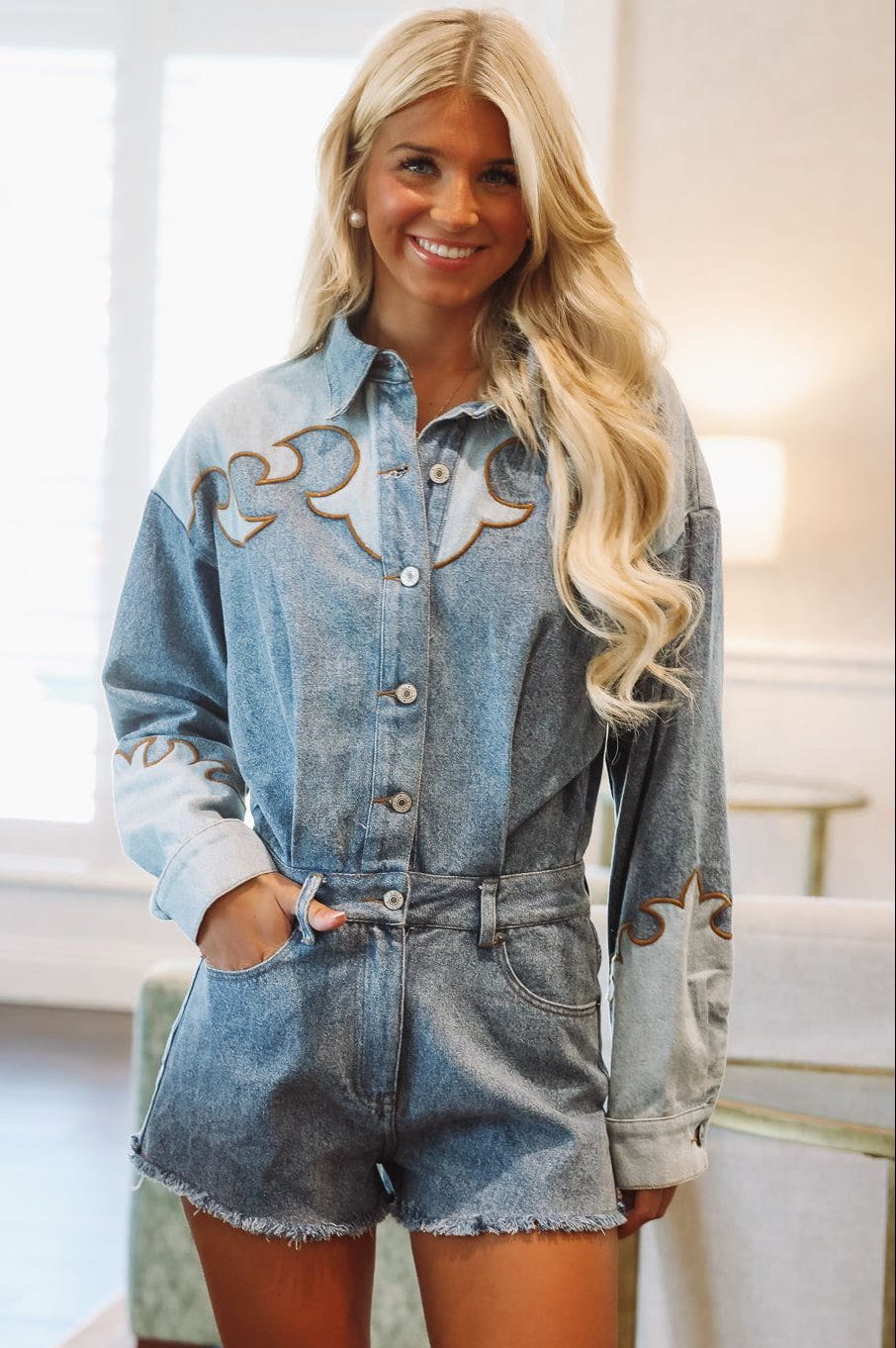 Saddle Stitch Denim Romper - Denim (FINAL SALE) – Hazel & Olive
