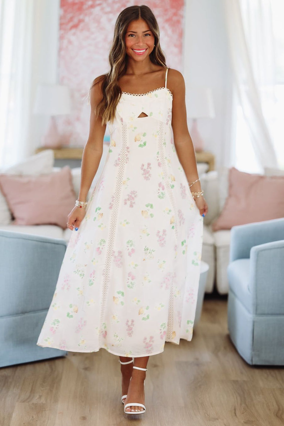 white christmas dresses Tidepool Bloom Midi Dress - Cream, Yellow and Green