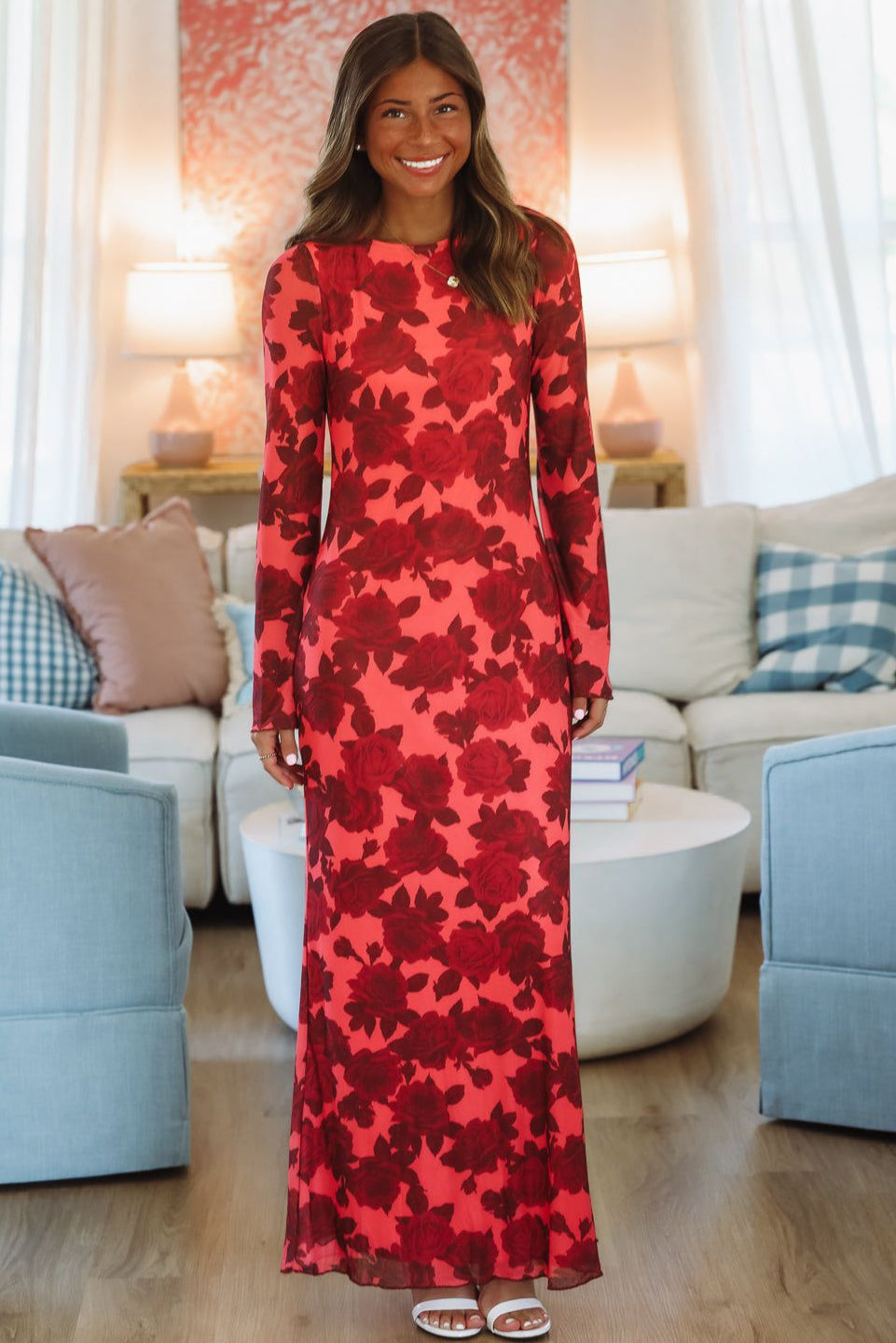 knee length dresses for ladies Abstract Floral Printed A-Line Pleated Maxi Dress main image 0