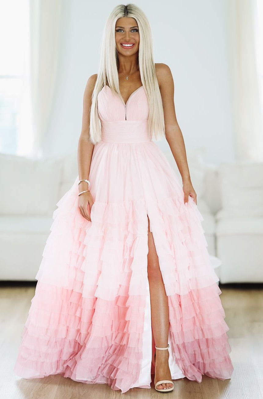 HAZEL & OLIVE Purely Romantic Ombre Ruffle Tiered Maxi Gown - Blush Pink