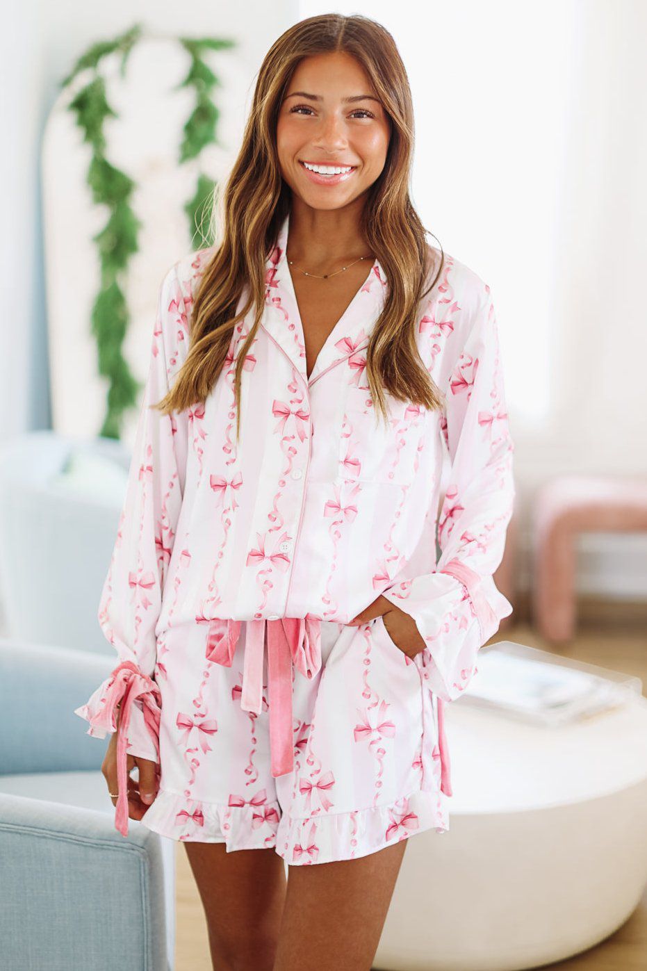 Pink Pyjama Shorts Pink Cute Pyjama Short Sets Ribbons And Bows