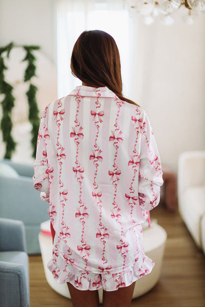 Pink Cute Ribbon Bows Printed Shirt Style 2pcs Short Pajama Set