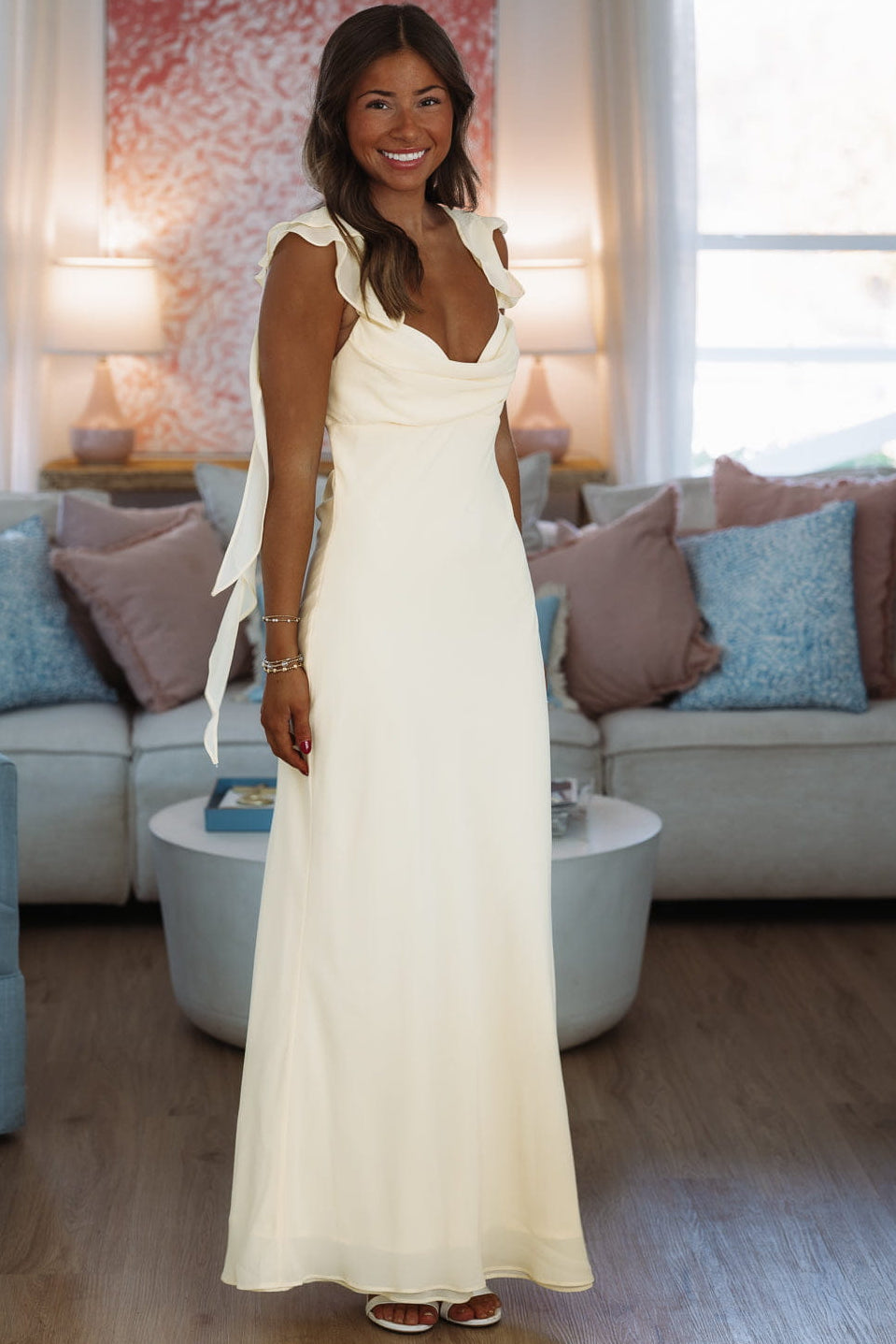 flowy white dress short Floral Ruffle Maxi Dress with Slit M