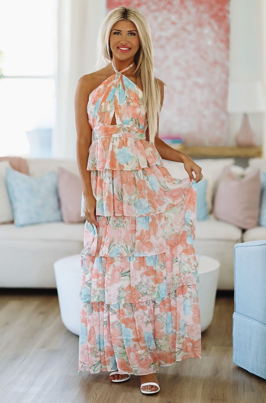 HAZEL & OLIVE Stay True to You Maxi Dress - Peach and Light Blue