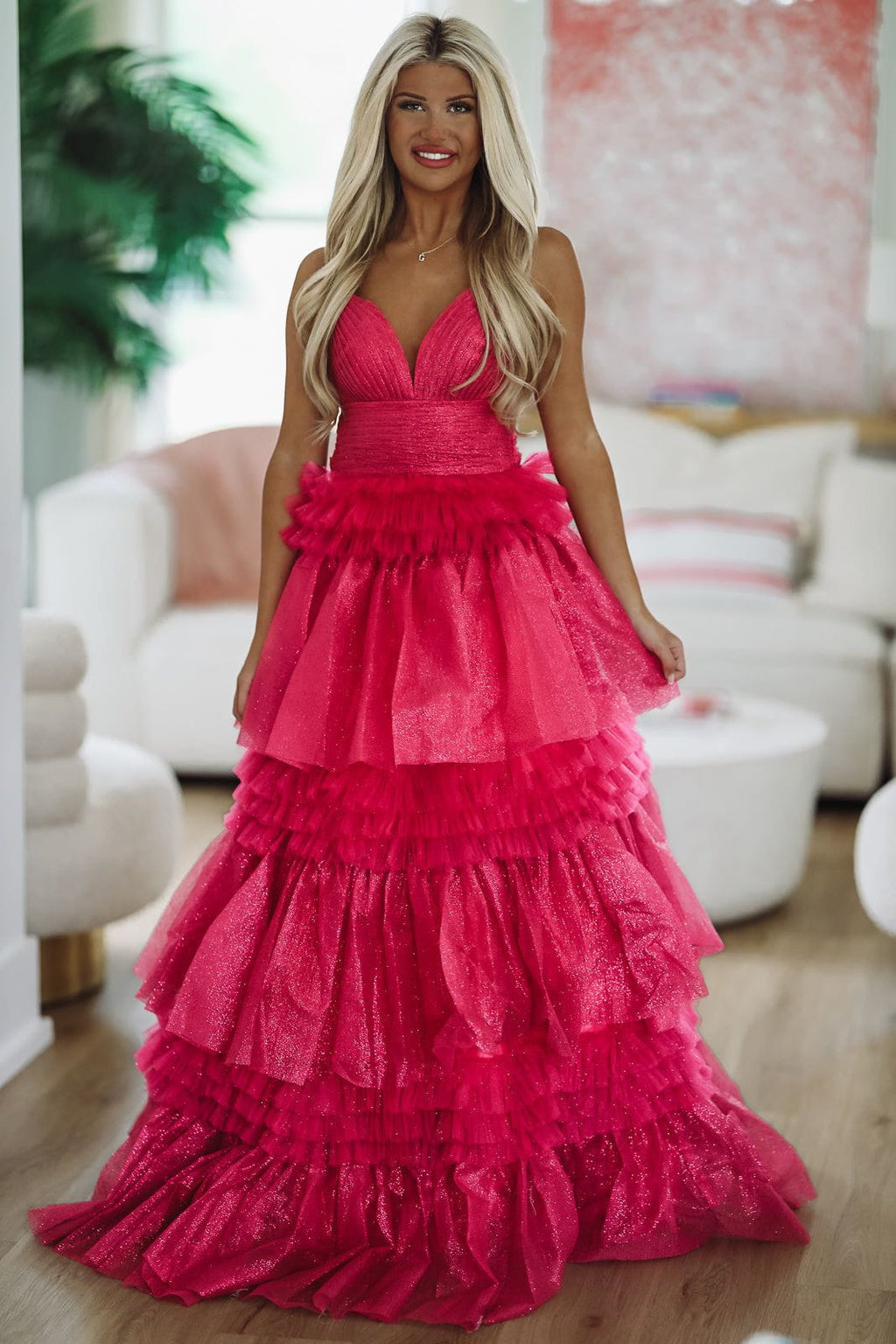 HAZEL & OLIVE Whimsical Tiered Maxi Gown - Fuchsia