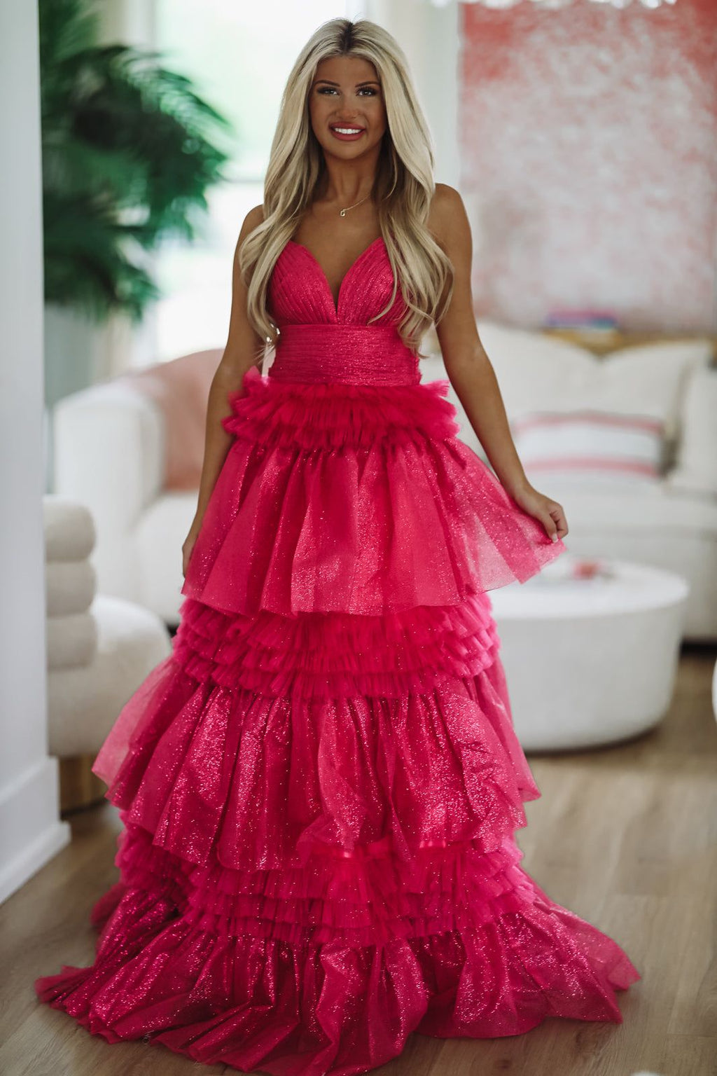 HAZEL & OLIVE Whimsical Tiered Maxi Gown - Fuchsia