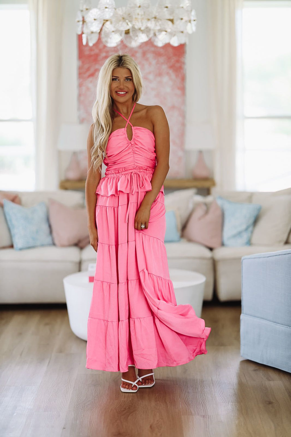 pink ruffle maxi dress Buy Ivy Chiffon Floral Floor length Whisk Me Away Maxi Gown