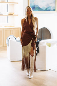 34922SRL/4 Fringe Affair Wrap Dress - Brown