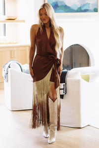 34922SRL/4 Fringe Affair Wrap Dress - Brown
