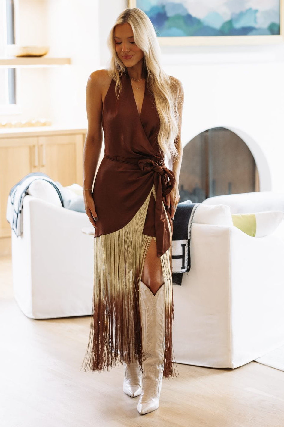 34922SRL/4 Fringe Affair Wrap Dress - Brown