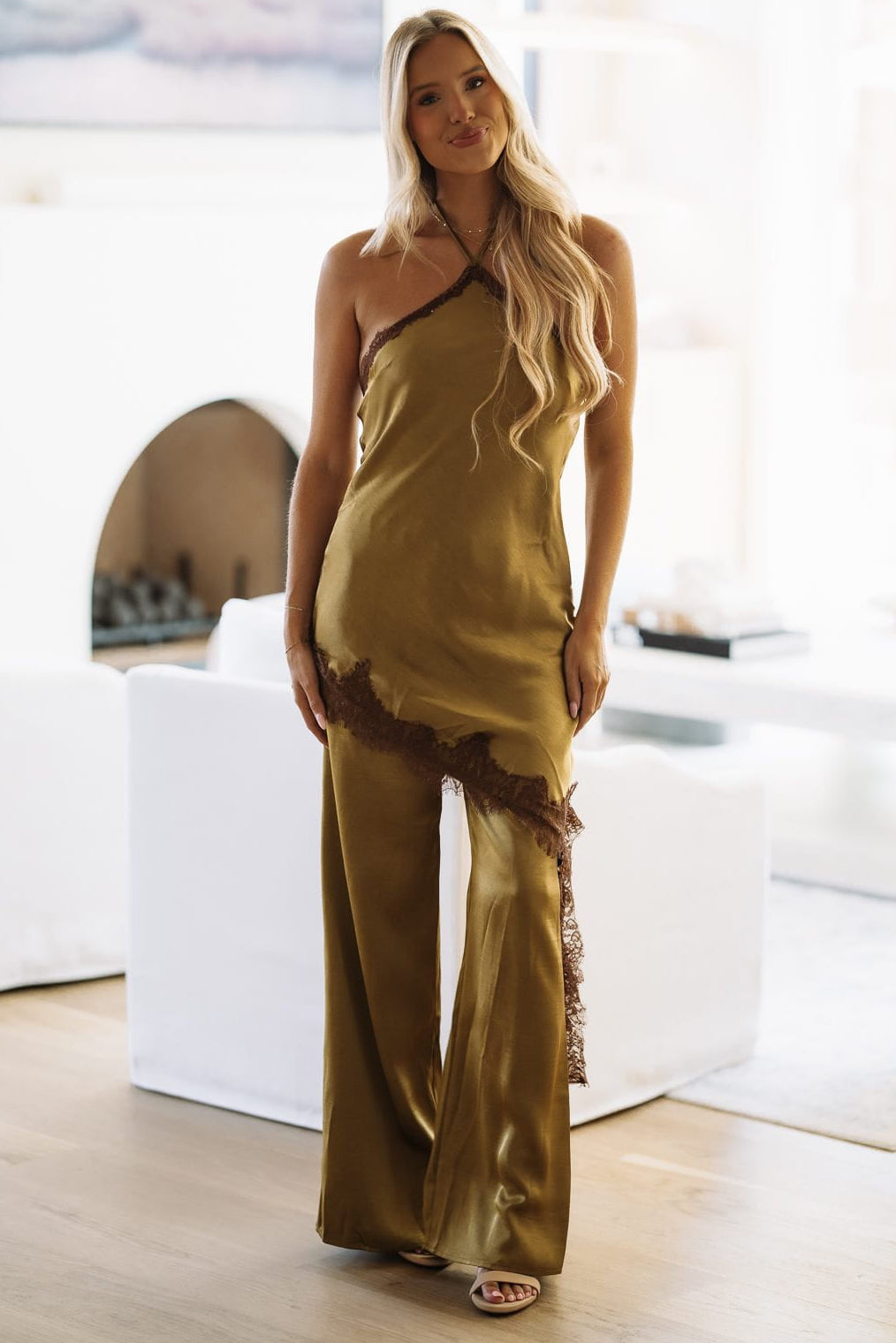 67901SRB/5 Just One Look Halter Jumpsuit - Olive