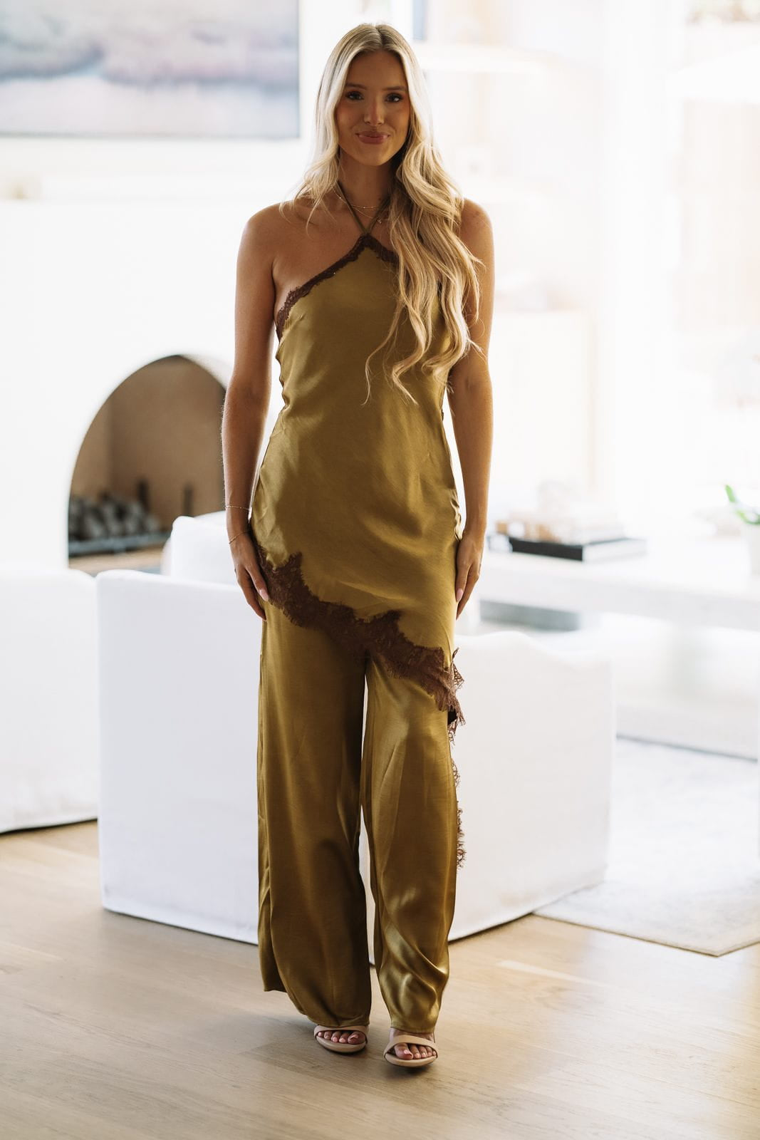 67901SRB/5 Just One Look Halter Jumpsuit - Olive
