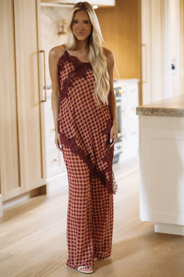 81932SRB/E Gingham Grace Top and Pant Set - Dark Mauve