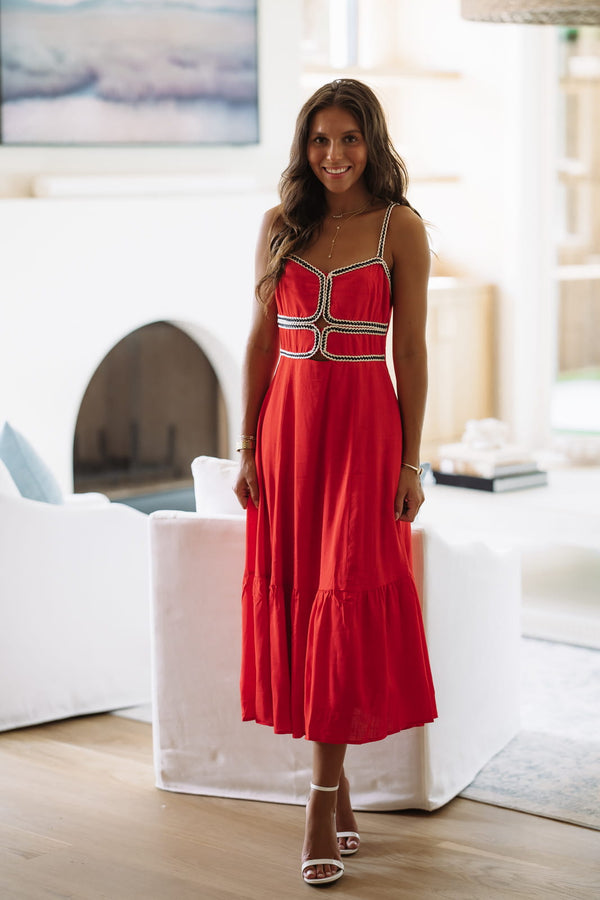red midi dresses for women Confte - Heath Puff Sleeve Casual Day Dress Natural Waisted Dark Rust Red Belted Sleeveless