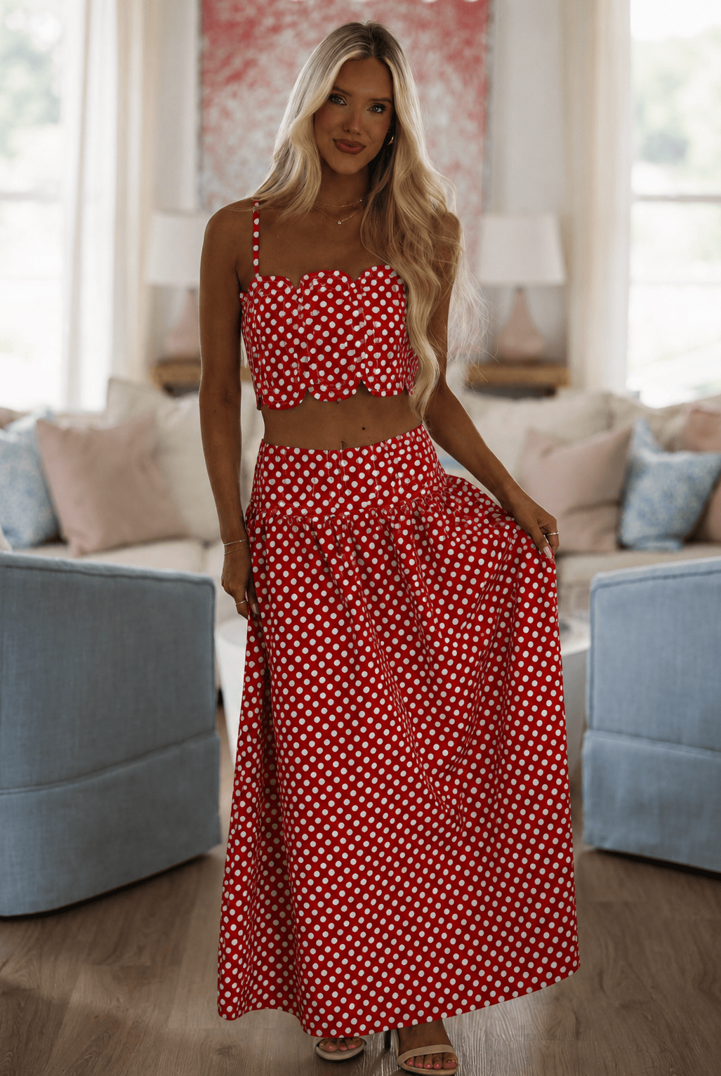 BIPT5028 Marina Muse Dots Crop Top and Maxi Skirt Set - Red and White