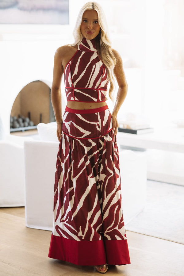 BIST5252 Dressed to Roam Crop Top and Maxi Skirt Set - Burgundy