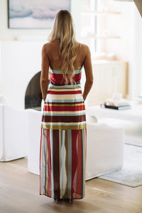 CD07377 Vintage Social Maxi Dress - Brown, Green, Cream and Blue
