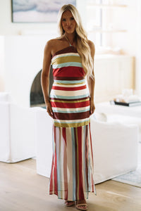CD07377 Vintage Social Maxi Dress - Brown, Green, Cream and Blue