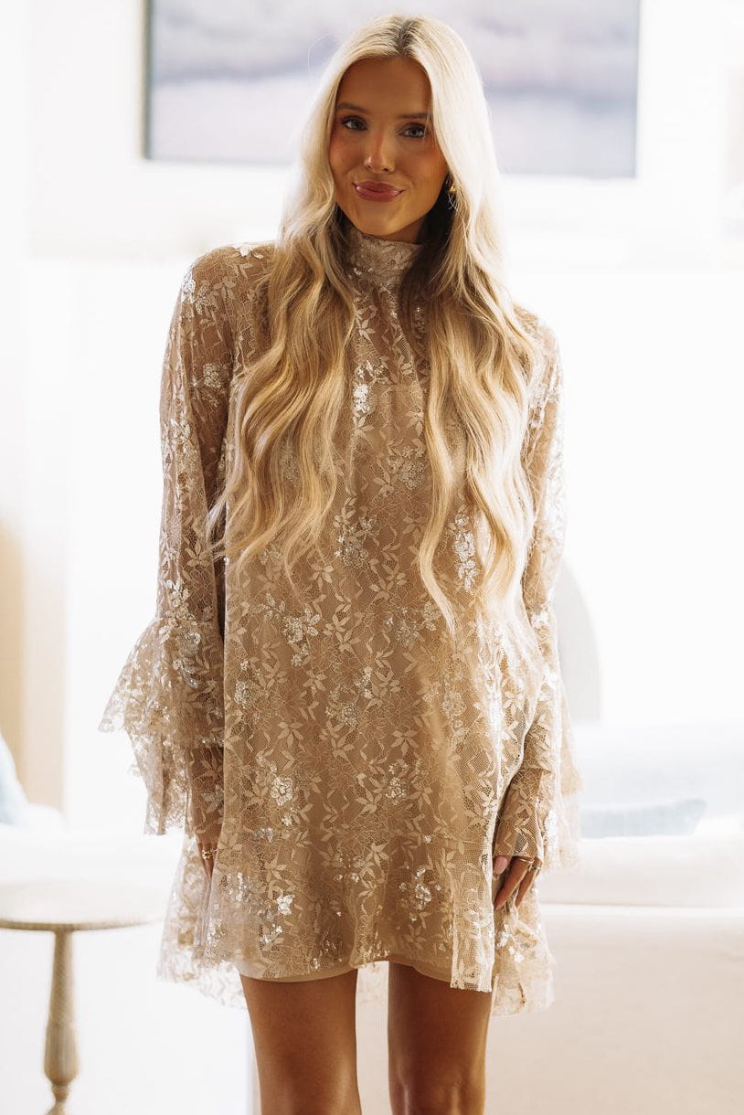 CD07619 Lace by Candlelight Mini Dress - Taupe