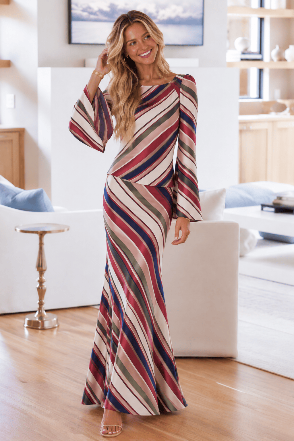 CS4173 Vintage Vinyl Maxi Skirt - Cream, Orange, Green and Navy