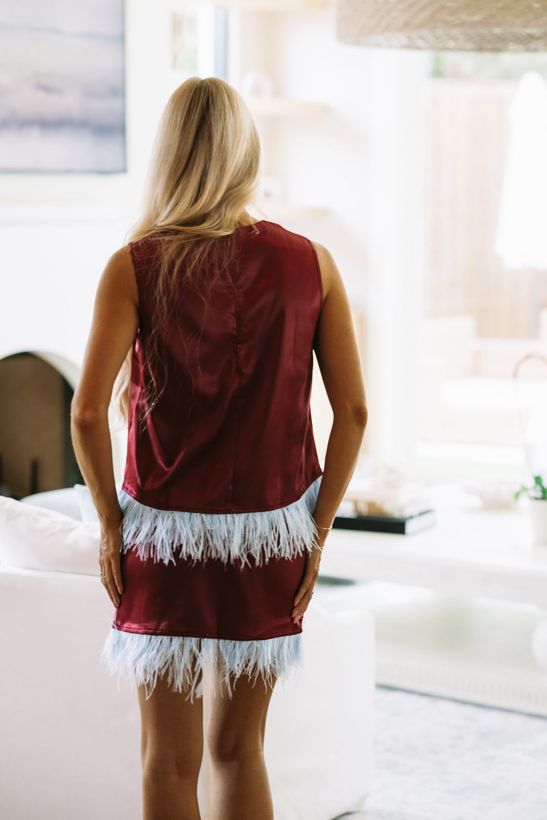 CS4182 Touch of Drama Mini Skirt - Burgundy and Blue