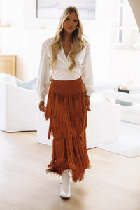 CS53240/B Fringe Benefits Top and Maxi Skirt Set - White and Burnt Orange