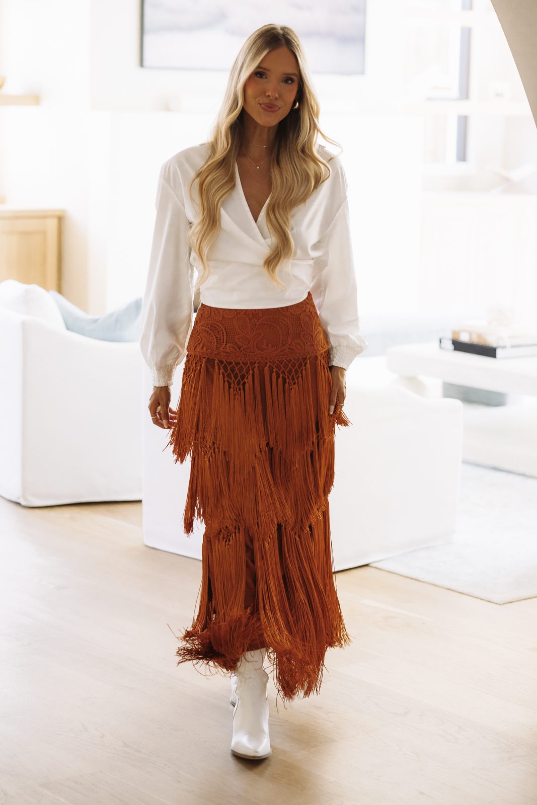 CS53240/B Fringe Benefits Top and Maxi Skirt Set - White and Burnt Orange