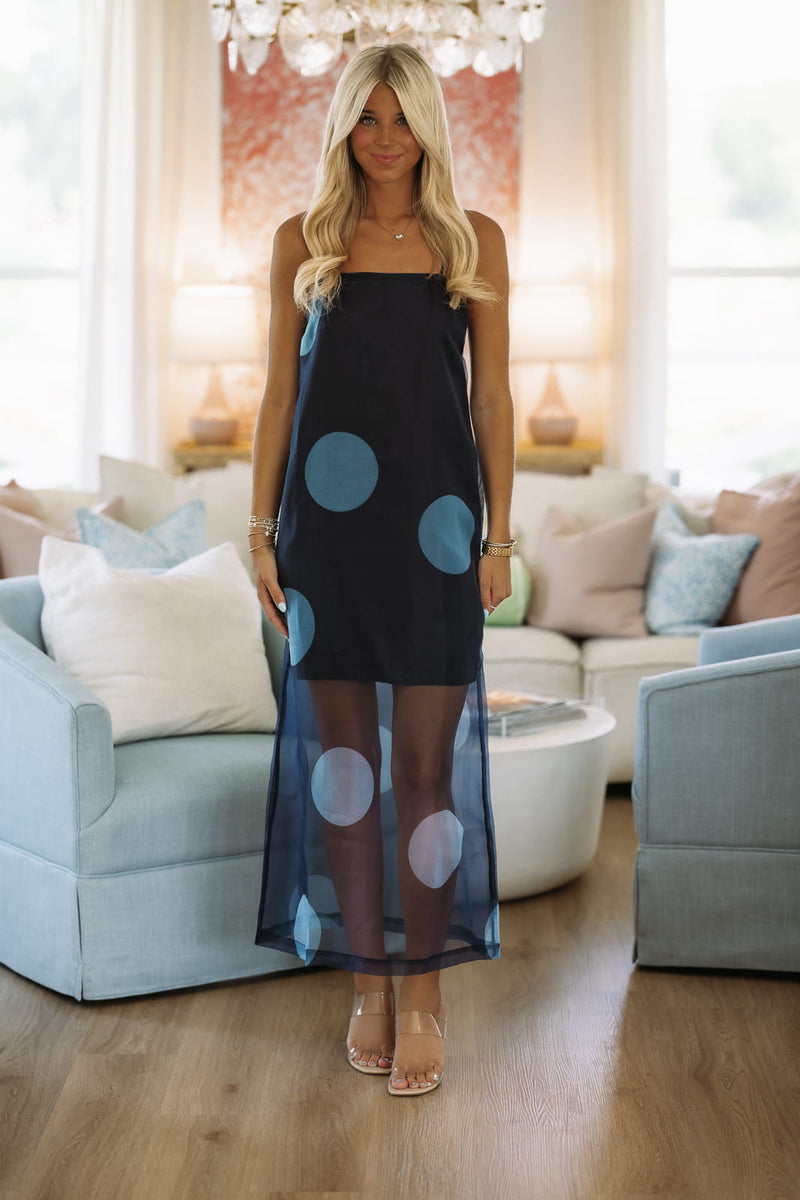 navy blue polka dot maxi dress Midnight Nebula solid dresses bust = 17 Halter Satin Gown with Size:4 (US 12-14)