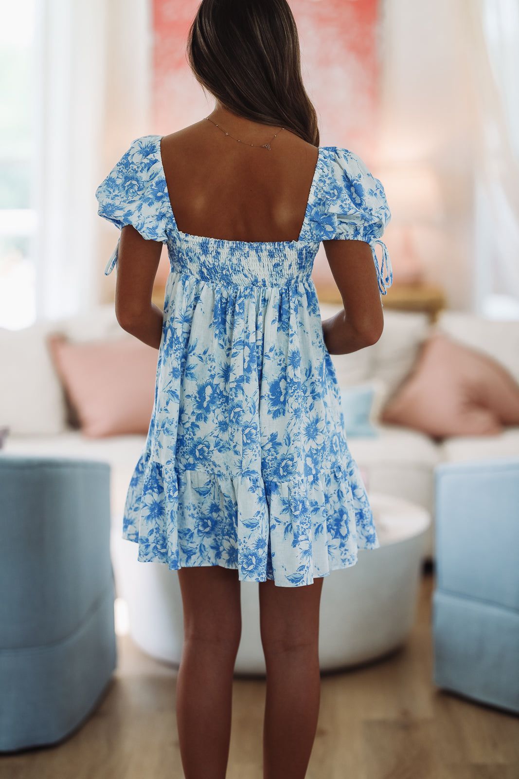 When You Think of Me Babydoll Mini Dress - Blue and White Floral Print