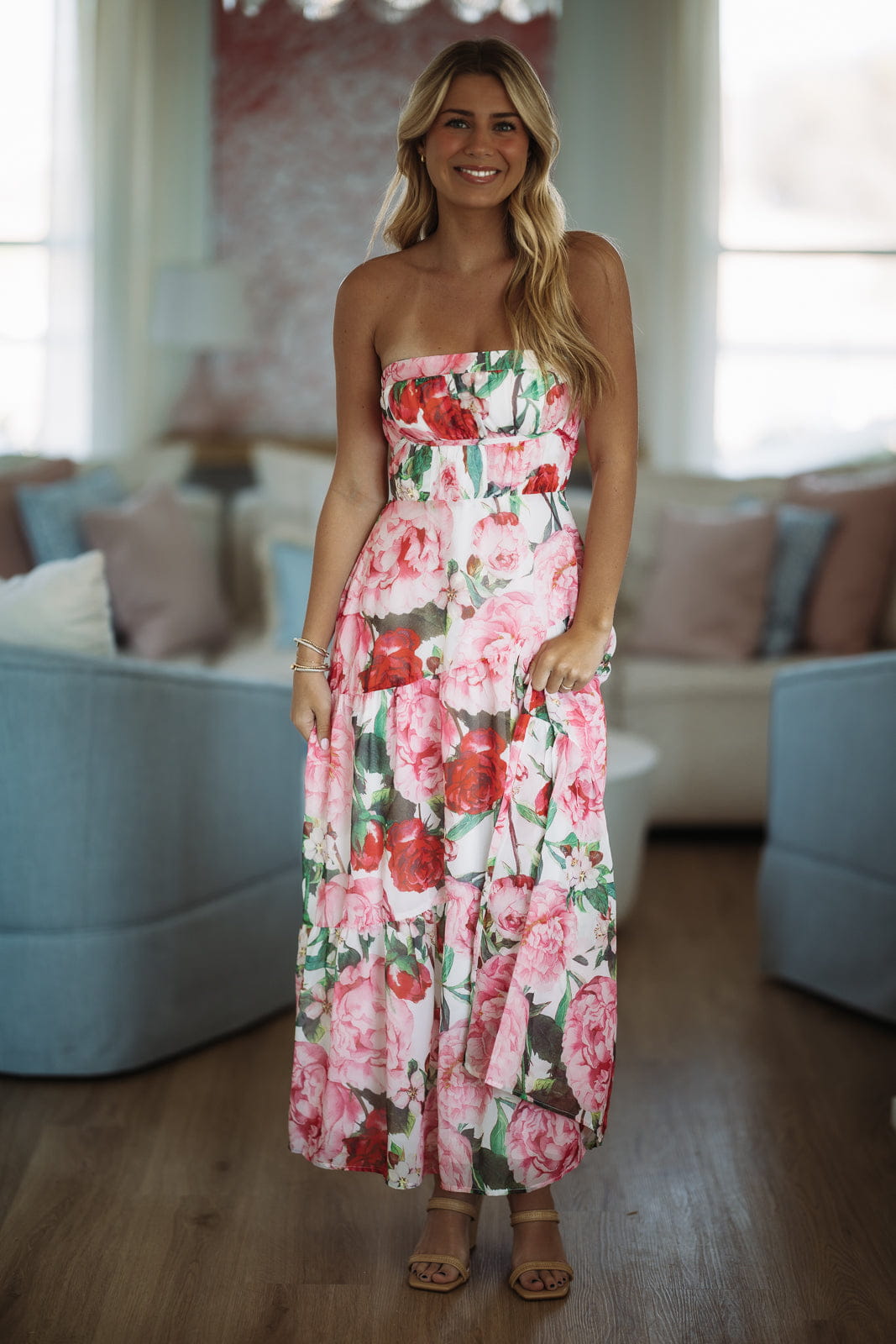 99 Roses Maxi Dress - Red, Pink, White and Green, Large | Hazel and Olive