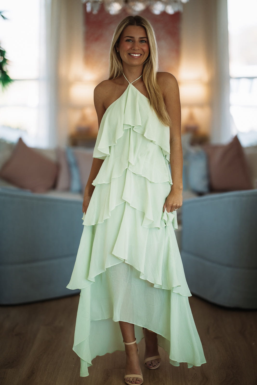 Sage Halter Neck Ruffled Maxi Dress, Tiered Chiffon Flowy Summer Occasion Dress