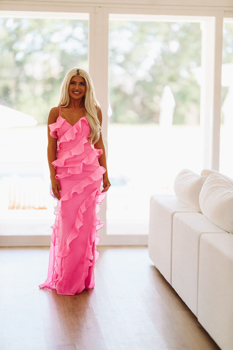 chinese dress ladies Hot Pink A Line V Neck Spaghetti Straps Prom Dresses PL505 main image 1