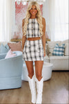 Hazel & Olive A3724 Meet and Greet Plaid Tweed High Waisted Mini Skirt - White and Black