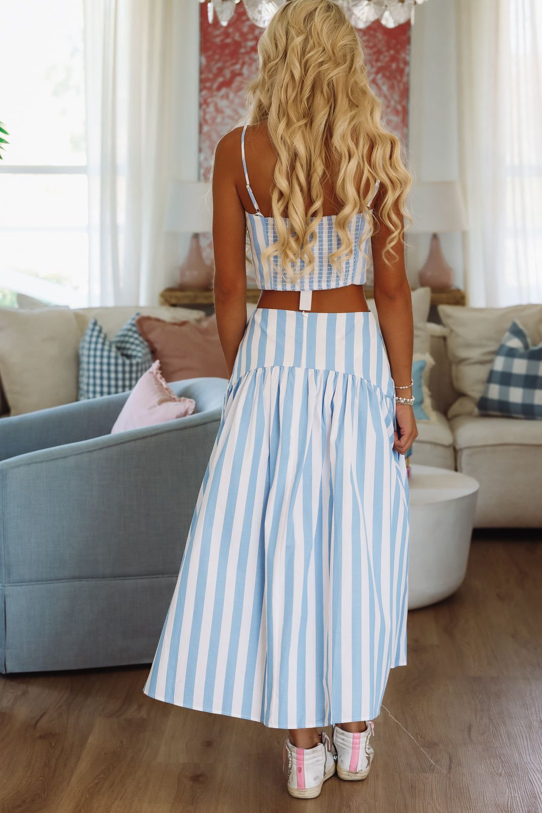 Hazel & Olive A4227 Stadium Stripes Crop Top - Baby Blue and White