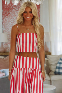 Hazel & Olive A4227 Stadium Stripes Crop Top - Red and White