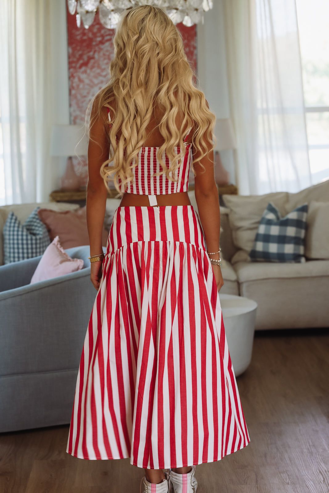 Hazel & Olive A4227 Stadium Stripes Crop Top - Red and White