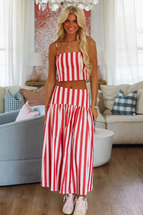 Hazel & Olive A4229 Stadium Stripes Maxi Skirt - Red and White
