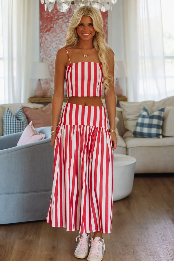 Hazel & Olive A4229 Stadium Stripes Maxi Skirt - Red and White