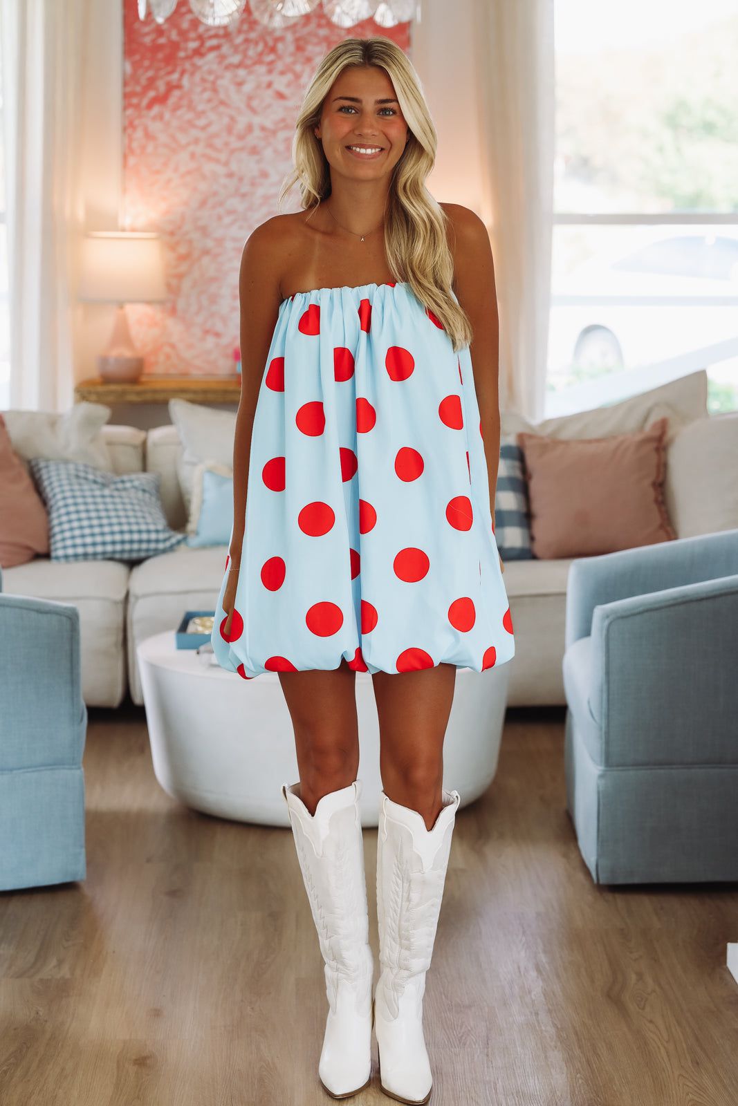 Pardon My Dots Mini Dress - Light Blue and Red