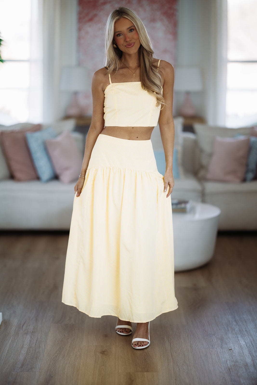 Hazel & Olive A4505/1 Nostalgia Check Maxi Skirt - Lemon Yellow and White